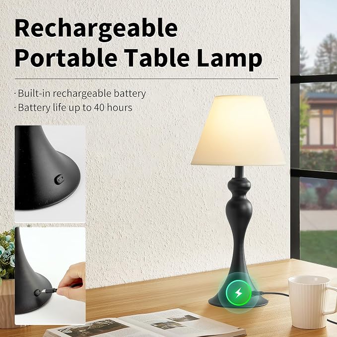 Mr.White Rechargeable Cordless Table Lamp with E26 LED Bulb, 5200mAh Battery Operated Portable Table Light with Fabric Shade, for Patio Restaurant Kitchen Bedside Living Room (Black)