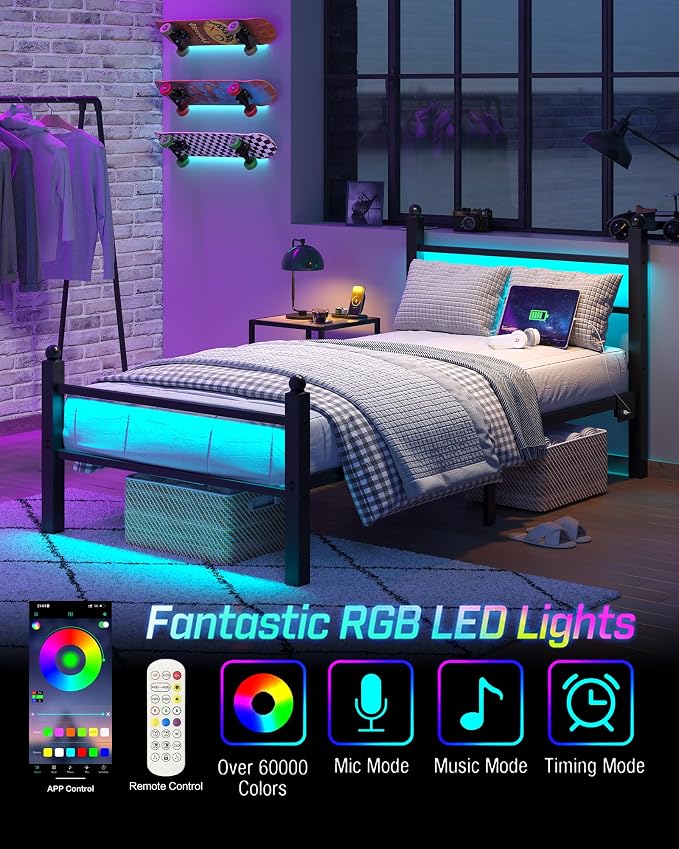 CollaredEagle Twin Bed Frame with LED Lights and Charging Station, Black | Twin Size/ Metal Frame/ Built-in Charging Station/ RGB LED Lights/ Noise-Free/ 10.8 inch Under-Bed Storage