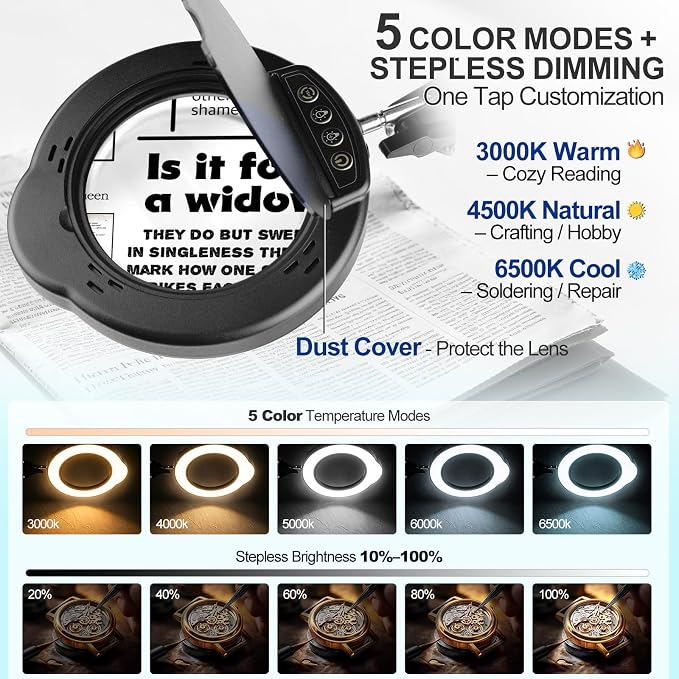 15X Magnifying Glass with Light and Stand for Crafts and Reading | Desk Magnifying Lamp With 2in1 Base & Clamp,With dust cover and adapter,Glass Lens,5 Color Modes,84 LEDs,For Seniors,Repair