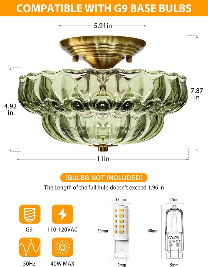 11" Semi-Flush Mount Ceiling Light,3-Bulb Green Glass Hallway Light Fixture | OYKYOHEI Indoor Lighting,Gold Close to Ceiling Light for Bathroom Dining Room Kitchen Foyer Laundry Decor,Easy Install