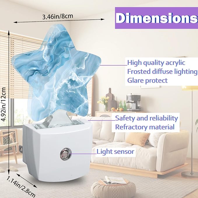 Energy Efficient Nightlights Plug in Wall, Blue White Marble Night Light for Kids Bedroom Decorative, Abstract Dusk-to-Dawn Sensor Sleep Friendly Lamp for Nursery Bathroom Basement