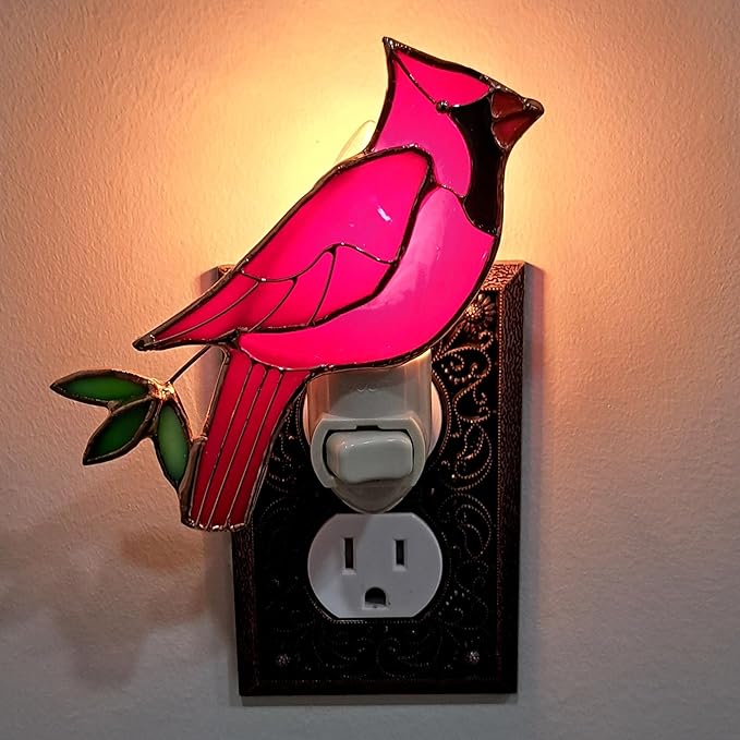 Gift Essentials Red Cardinal Plug in Night Light - Stained Glass Nightlight with On/Off Rocker Switch - Includes One 4 Watt Replaceable Incandescent Warm Glow Bulb