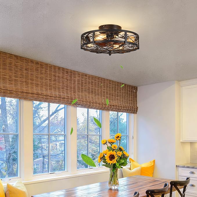 Rustic Black Caged Flush Mount Ceiling Fans with Lights and Remote Vintage Low Profile Bladeless Ceiling Fan, Reversible Motor, E26 Bulbs, 6 Speeds,for Farmhouse, Living Room, and Bedroom