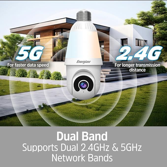 Energizer Smart 2K Light Bulb Security Camera, 1000 Lumens LED Light, 5G&2.4G Wi-Fi Outdoor Socket Camera, Pan Tilt Auto Tracking, (White, App Enabled Smart Detections)