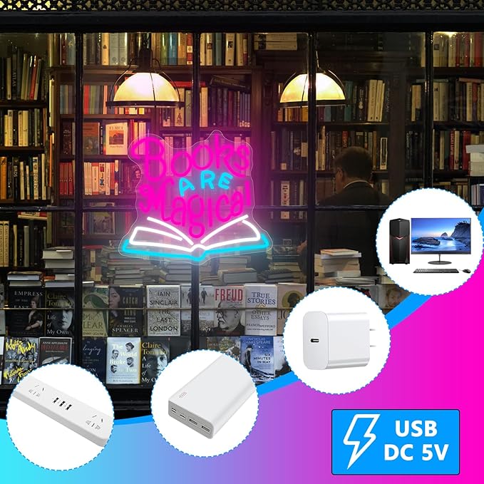 Books are Magical Neon Sign, Neon Signs for Wall Decor, Dimmable Led Signs for Bedroom, Light Up Signs for Classroom Reading Room Book Party Library Decoration Bookish Decor Gifts