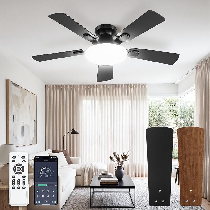 LEDIARY 42 Inch Flush Mount Ceiling Fans with Lights, Remote & APP Control | Bright Light, 3CCT, Dimmable, Memory Function, Timer, Reversible Blade, Quiet DC Motor, Damp-Rated, Bedroom, Covered Patio