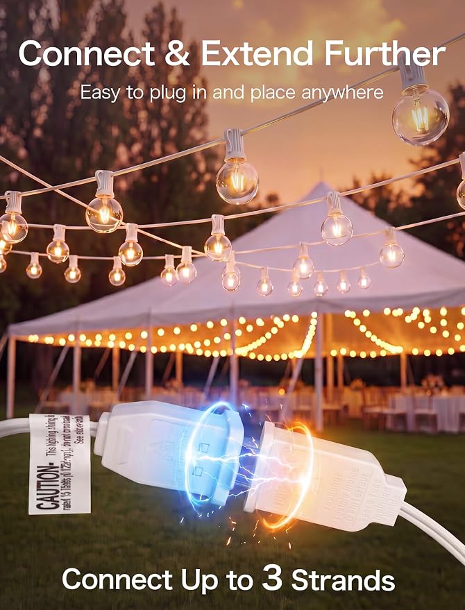 25FT Outdoor White String Lights with 27 G40 Clear Bulbs | Globe Patio String Lights for Indoor/Outdoor, Connectable Hanging Lights for Backyard Porch Balcony Party Decor - White Wire