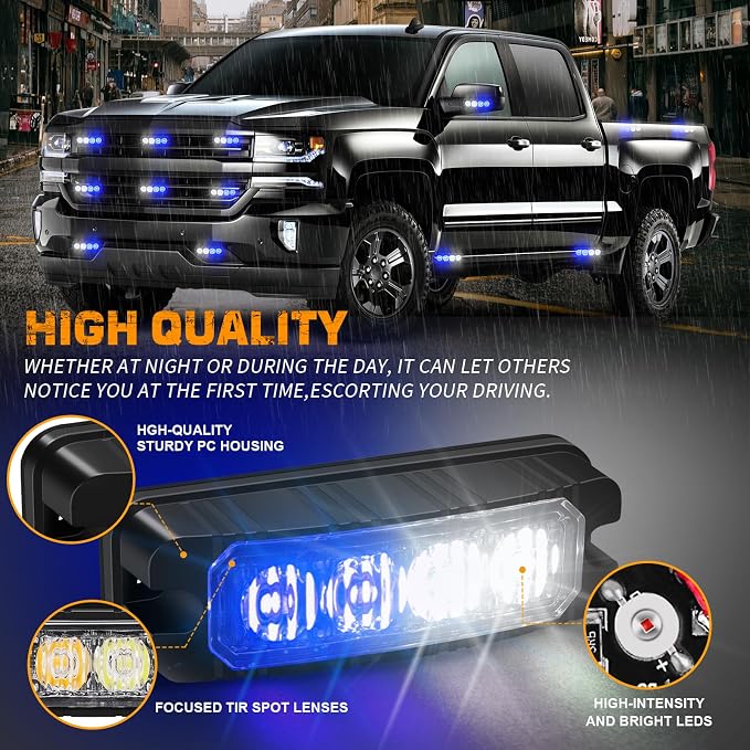 8PCS Sync Blue White Emergency Lights 32 LED Grill Strobe Lights | Front/Rear Grille Surface Mount Flashing Warning Safety Hazard Light for Vehicles Trucks, ATV, UTV, Motorcycle
