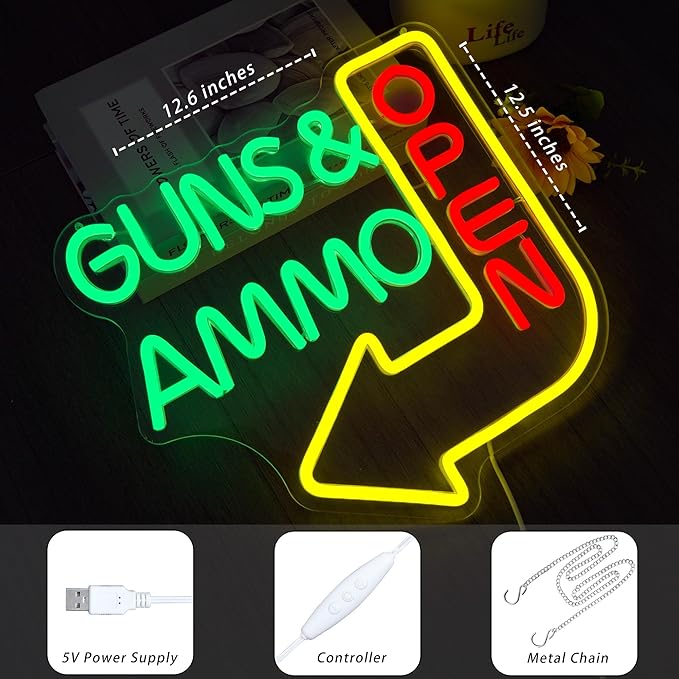 Open Neon Sign - Guns Ammo Store LED Light for Wall Decor Dimmable Gun Signs Lamp for Gun Store, Ammo Shop, Shooting Range Bright Green & Red Lighting for Shop Entrance(12.6 * 12.5inch)