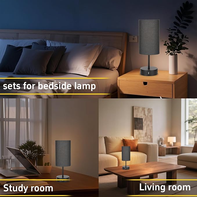 Bedside Table Lamp for Bedroom - 3 Way Dimmable Touch Lamp USB C Charging Ports and AC Outlet, Wood Base Round Flaxen Fabric Shade for Living Room, Desk,E26 Bulb Included