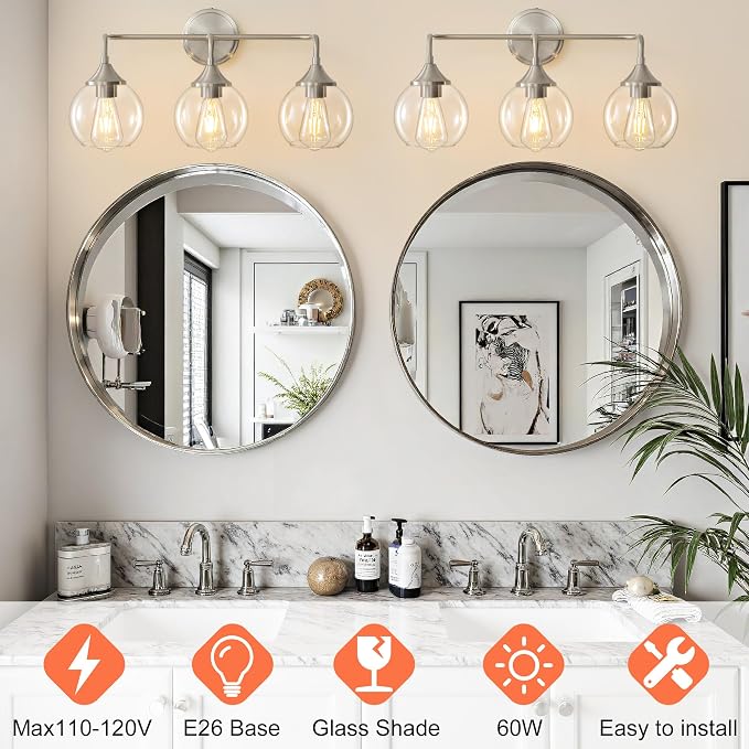 Bathroom Light Fixtures 3-Light Brushed Nickel Vanity Light 31" | Farmhouse Vanity Lighting Fixtures Over Mirror, Thickened Clear Glass Shade, UL E26 Dimmable Vanity Light Fixtures