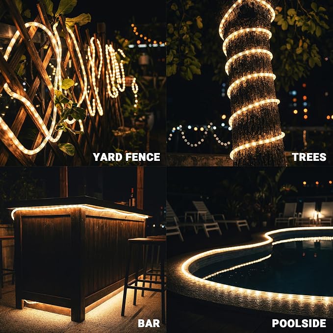 50ft Warm White Rope Lights, Connectable for Indoor & Outdoor,110V Flexible Tube Lights,Waterproof Clear LED Rope Lighting for Outside, Deck, Patio, Pool, Camping, Bedroom Decor,Landscape