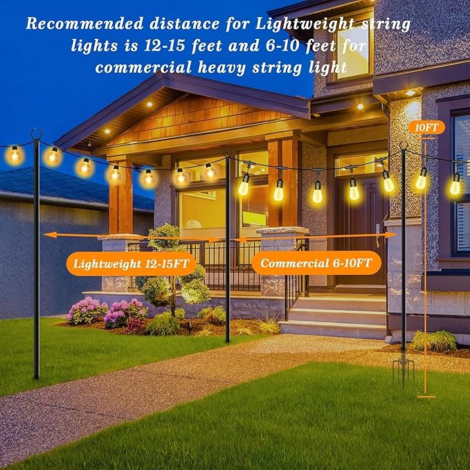 4 Pack String Light Poles,10 Ft Light Poles for Outside String Lights,Outdoor Lights Pole with Fork,Metal Poles Stand for Patio Deck Backyard (10FT 4 Pack)