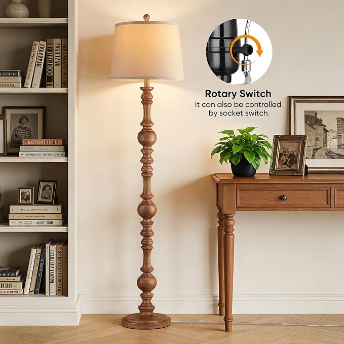 QiMH 61" Vintage Floor Lamp for Living Room, Farmhouse Lamps, Wood Grain | Rustic Floor Lamps for Bedroom, Linen Lampshade, Rotary Switch, Sturdy Base, Home Decor