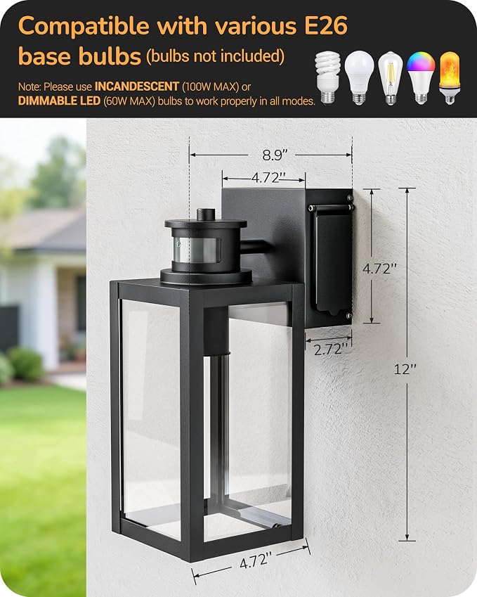 EDISHINE Porch Lights with Outlet, 12" H Motion Sensor & 3 Modes Modern Outdoor Wall Lights, Dusk to Dawn Exterior Lighting Fixtures Waterproof Outside Wall Sconce for Patio, Doorway, Garage, 2 Pack