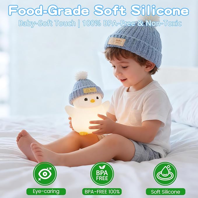 FAMIDUO Pink Penguin Night Light,Cute Penguin Lamp with Hat for Kids/Mom | Squishy Silicone Nursery Nightlight, Rechargeable/Dimmable/Timer,LED Novelty Animal Bedside Light,Funny Gifts for Baby/Boys