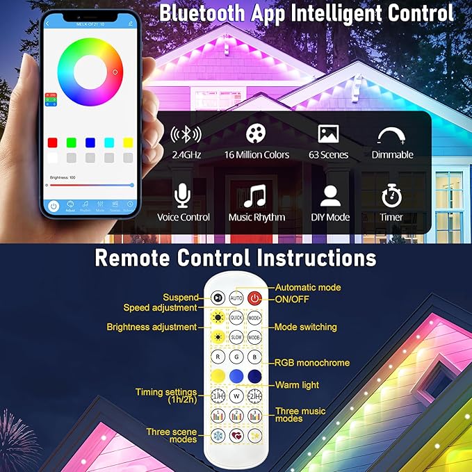 MUCCCUTE Permanent Outdoor Lights for Valentines150ft RGB + IC Eaves Lights with App & Remote Control, Outdoor String LED IP67 Waterproof for Holidays New Year July 4th Roof Eaves House Garden Decor