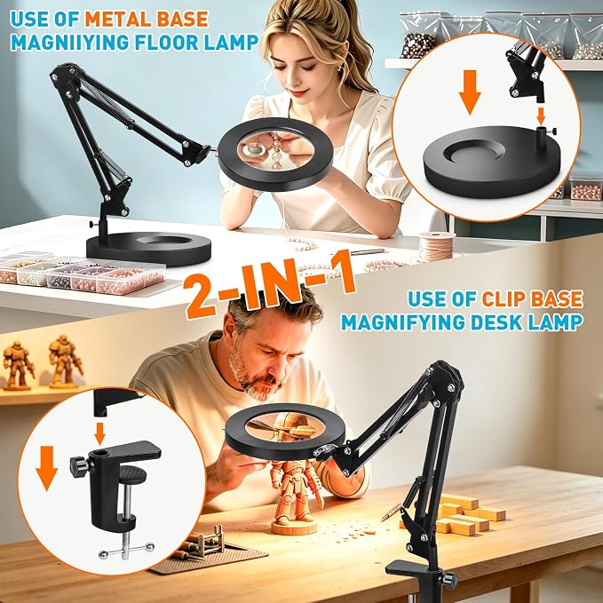 KIRKAS 12X 30X Magnifying Glass with Light and Stand, 2 in 1 LED Desk Lamp | 10 Level Dimmable 3 Color Modes, Lighted Magnifier with Light for Repair, Craft, Sewing, Reading, Close Work - Black