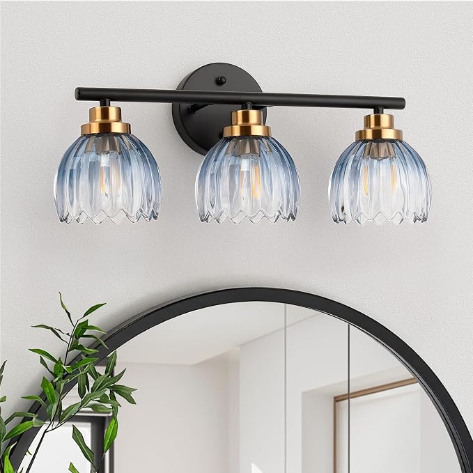 TALOYA Black Gold 3-Light Bathroom Vanity Light with Blue Tulip Glass Shade | Modern Vanity Lighting Fixtures, Bathroom Lights Over Mirror, Wall Mount Mirror Light Fixtures for Bathroom Hallway Bedroom
