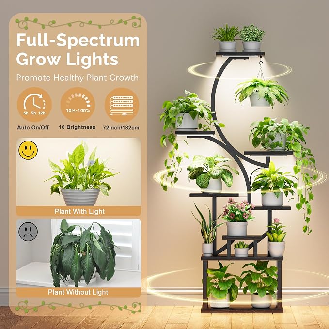 BACEKOLL Plant Stand Indoor with Grow Light, 8 Tier Corner Plant Shelf Tall | 62" Lighted Flower Holder for Plant Multiple, Space-Saving Beautiful Display Growing Rack for Home Patio, Sturdy Metal, Black