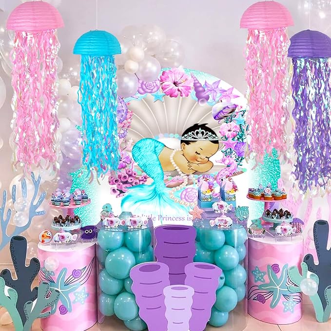 ADLKGG Pink Purple Blue Hanging Jelly Fish Paper Lanterns, Gradient Colorful Paper Lanterns for Mermaid Theme Party Under The Sea Ocean Birthday Decorations Baby Shower Baby Room