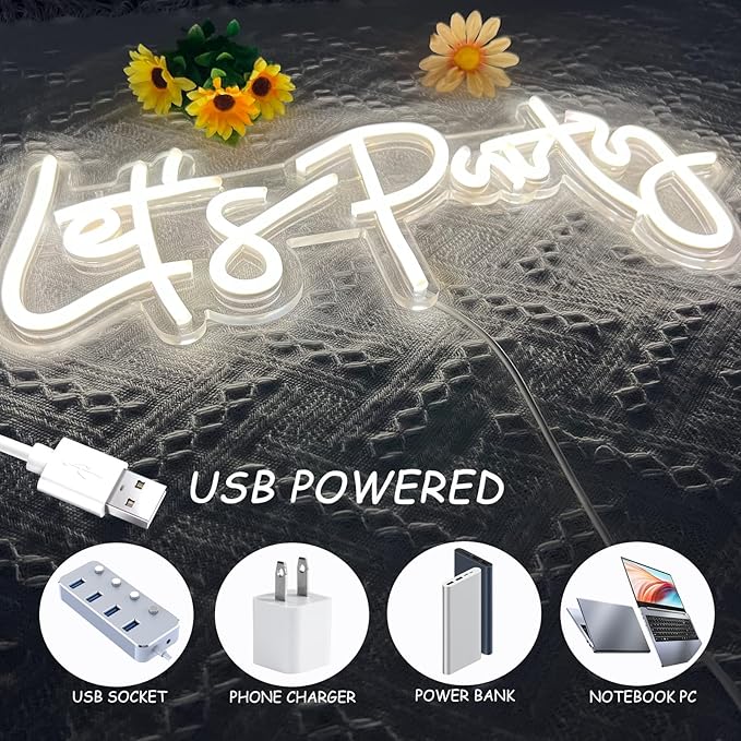 Let's Party Neon Sign, LED Neon Lights for Bedroom Wall Decor, Art Decorative Lights for Bachelorette Party, Engagement Party, Birthday Party, Living Room, Gamer Room Decor Aesthetic (White)