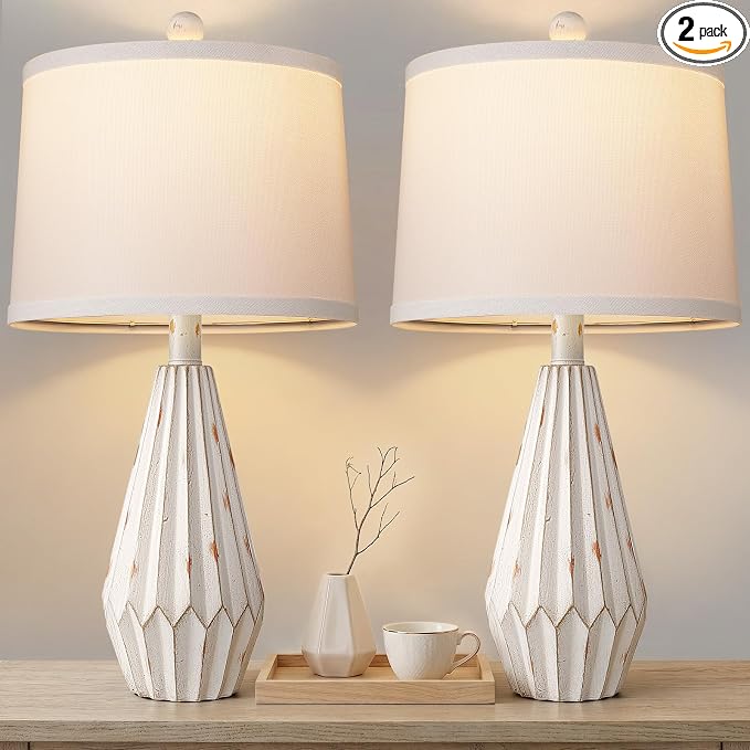 Hamucd Set of 2 Modern Farmhouse Lamp for Living Room, Beige Rustic Resin Beside Table Lamps with Linen Shade, Vintage Lamps for Nightstands Bedroom Entryway Decor