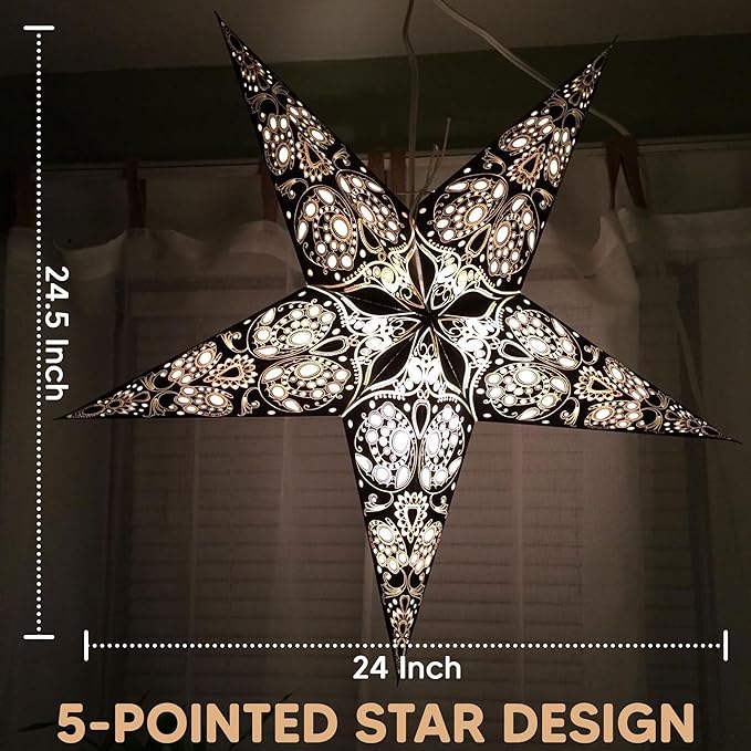 GalaxyArts Paper Star Lantern, 24 Inch Maharani Black 3D Light-Up 5-Point Hanging Lamp, Handcrafted Hollow Out Decoration for Christmas, Weddings, Birthday, Parties, Indoor Outdoor Holiday Home Décor