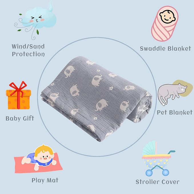 NTBAY 3 Layer Oversized Muslin Toddler Blanket, 45 x 60, Blue Elephant | Muslin Cotton Outer Layers with Light Thermal Fiber Fill, Reversible Blanket for Daycare, Travel, Naps, and Supervised Use