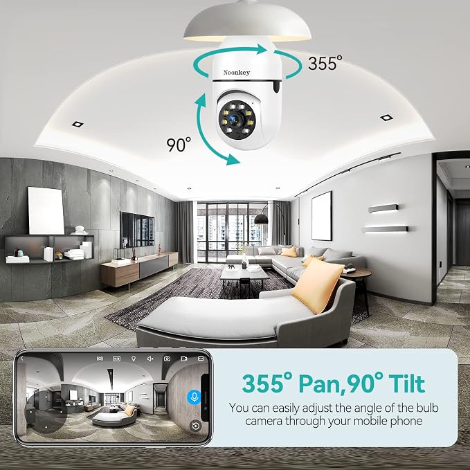 Noonkey 2K/3MP Light Bulb Security Camera, 5G& 2.4GHz WiFi Alexa E27 360° Light Socket Camera for Outdoor, Wireless WiFi Home IP Camera with Motion Tracking Alarm, Color Night Vision,Two-Way Talk