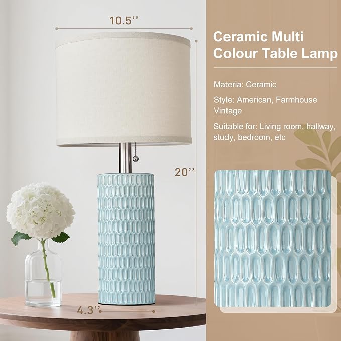 Reaketon 20.5" Modern Ceramic Table Lamps for Bedroom Set of 2, Bedside Lamps for Night Stands with Beige Lampshade, Farmhouse Table Lamp for Living Room Office Dorm, Sky Blue