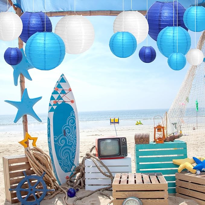 21 Pcs Blue Paper Lanterns Party Decorations, 4/6/8/10 Inch Round Chinese Hanging Paper Lanterns for Wedding, Birthday, Baby Shower, Graduation, Classroom Ceiling Decorations Indoor Outdoor