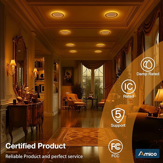 Amico 6 Pack 6 Inch 5CCT LED Recessed Ceiling Light with Double Ring Night Light, 2700-5000K Selectable Ultra-Thin Recessed Lighting, 12W=110W, 1100LM, Dimmable Canless Wafer Downlight, ETL, FCC