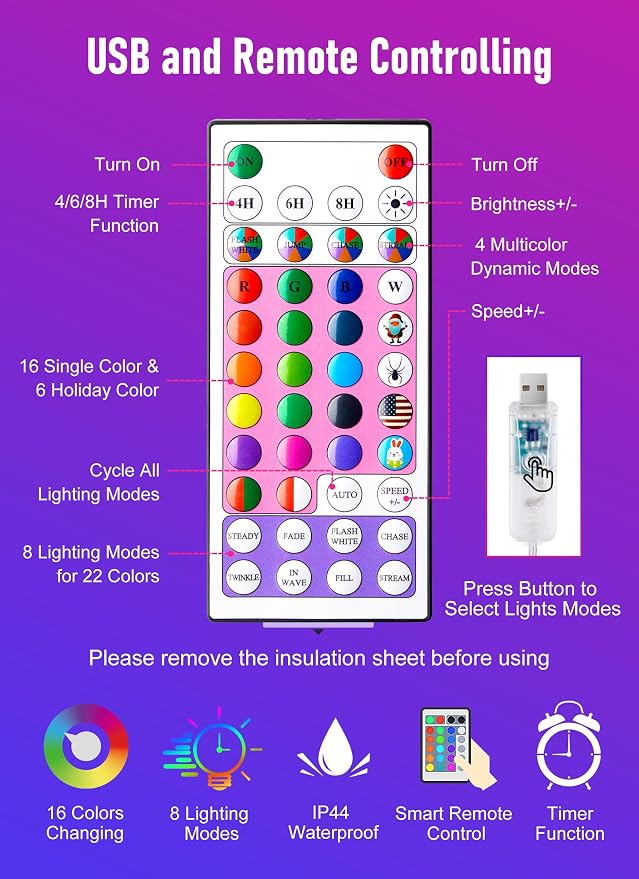 Minetom Fairy Lights Color Changing, 66FT 200 LED String Lights with Remote | USB Fairy Light with 16 Single Colors & 6 Holiday Colors,12 Mode,Timer, Christma String Light for Bedroom Halloween Classroom