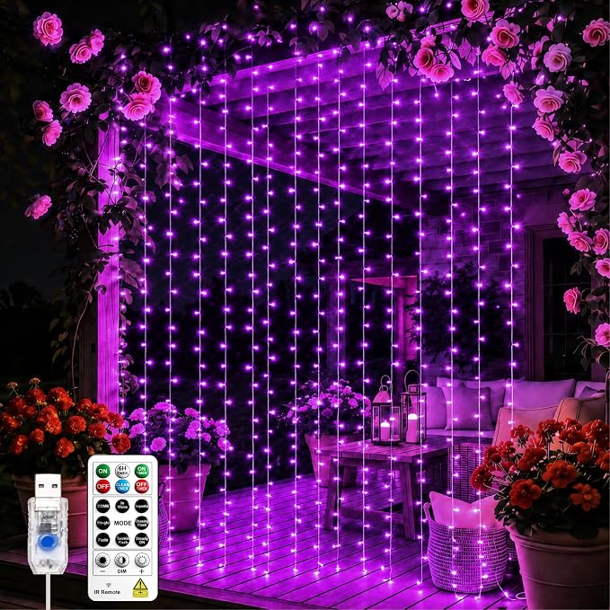 Curtain String Light, 200LED 6.6x6.6ft, Remote & 8 Modes, USB | Window Wall Hanging String Lights, For Bedroom, Wedding, Party, Home, Garden and Indoor Decorations, Purple