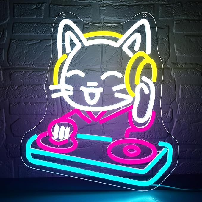DJ Cat Neon Sign for Wall Decor Dimmable DJ Cat Neon Light for Man Cave Music Birthday Gifts for Lovers LED Rock Sign for Music Room Record Studio Bedroom Bar Party 13.6 * 11.8In (WZCP220)