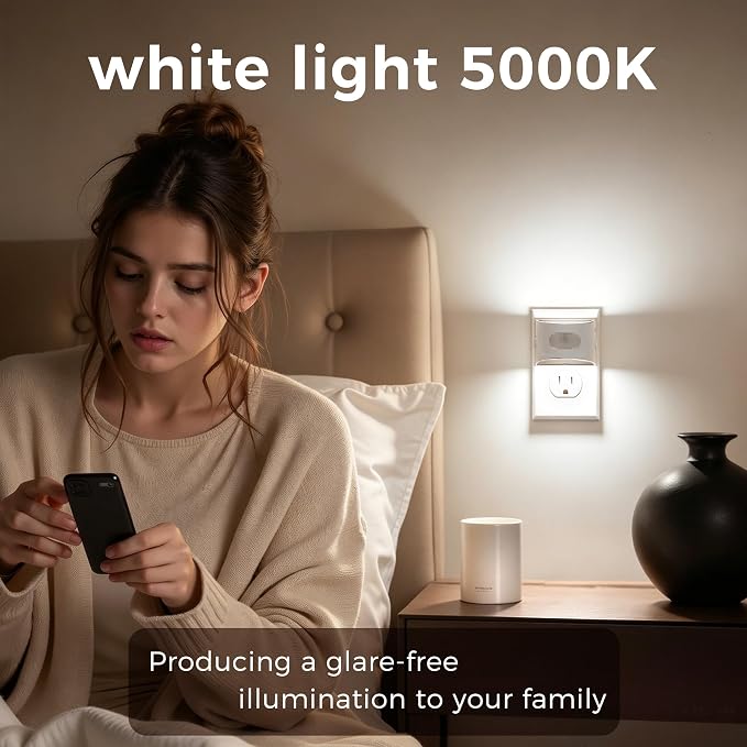 L LOHAS LED Motion Sensor Night Light, Night Lights Plug into Wall, 2 Pack | Plug in Night Light with 30-100lm Adjustable Brightness, White Housing 5000K Daylight White