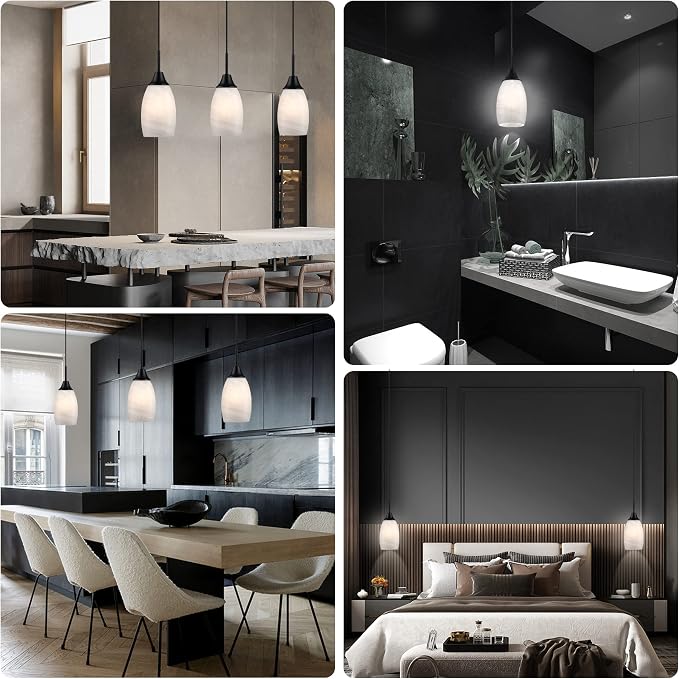 Viinew Mini Glass Pendant Light,1-Light White Oval Glass Hanging Light | 4.72" Handblown White Swirl Art Glass Hanging Pendant Light for Kitchen Dining Room Living Matte Black Metal