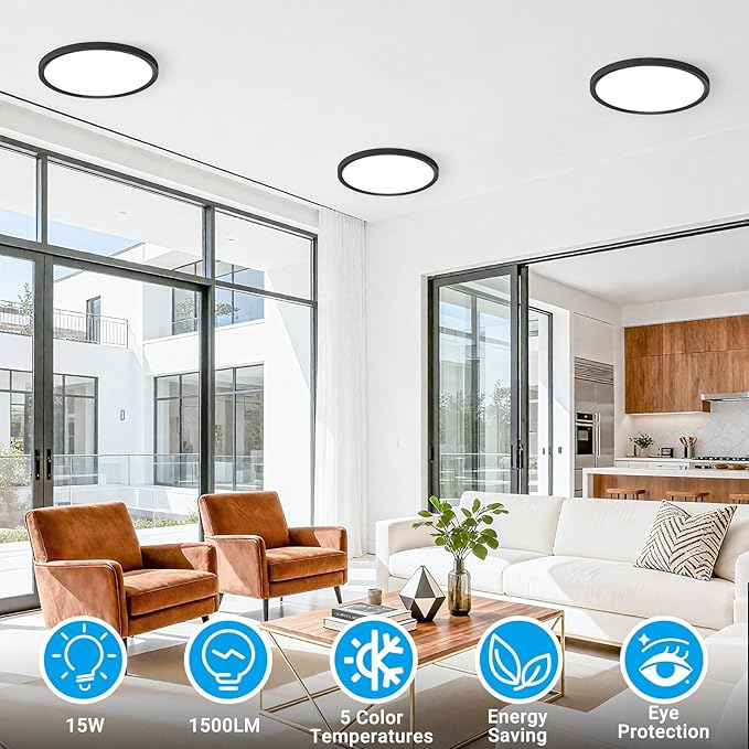 LED Flush Mount Ceiling Light,7Inch 15W,3000K/3500K/4000K/5000K/6500K 5 Color Temperatures Ceiling Light Fixture for Kitchen Porch Hallway Bedroom Bathroom and Closet,Black