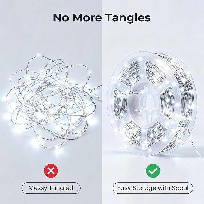 2 Pack Battery Operated LED Fairy Lights with Remote, 33ft 100LED Waterproof Silver Wire Starry Lights with Reel for Wedding Party Christmas Decor, White