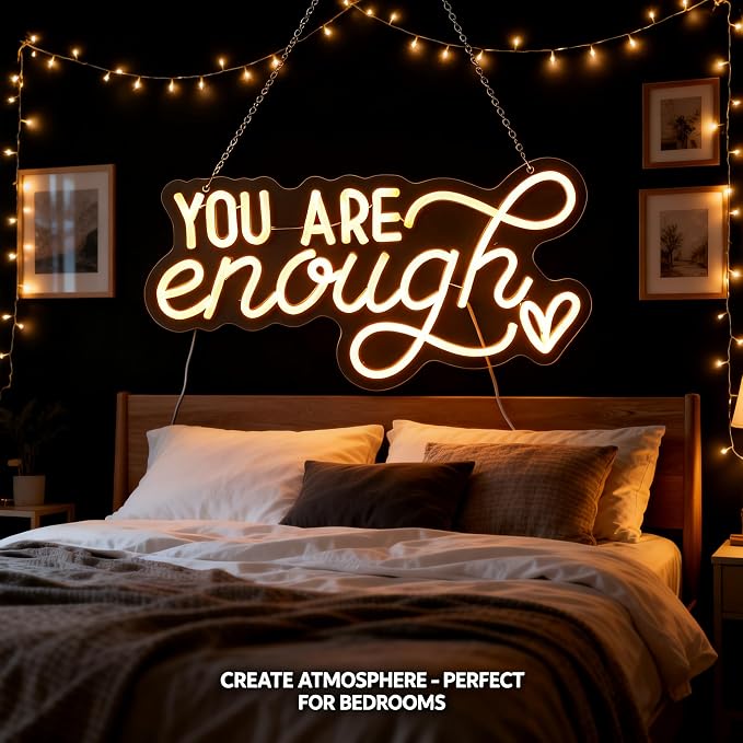 You Are Enough Neon Sign, Self Love Neon Light with Floral Decor, Motivational Wall Art for Bedroom, Therapy Office Decor, Mental Health Awareness Gift, USB Dimmable (16.5"x8.3")