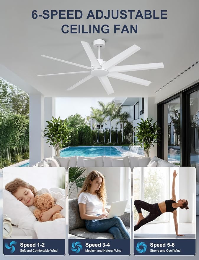 Ohniyou 60" White Ceiling Fan With No Light for Patio, Porch, Deck | Remote/App Control, Quiet DC Motor, Modern Covered Outdoor Fan with 8 ABS Blades