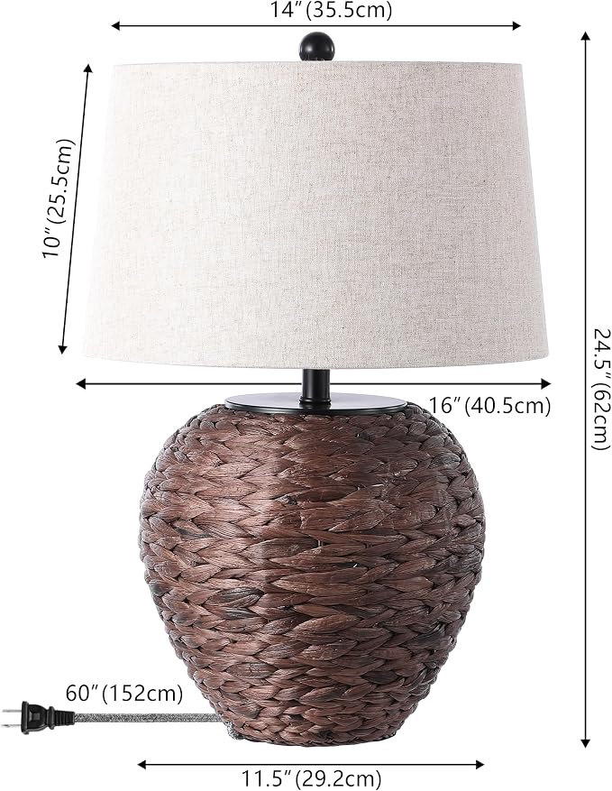 JONATHAN Y Alaro Table Lamp Woven Water Hyacinth Basket 24.5", Dark Brown | Farmhouse Coastal Decor, Beige Linen Drum Shade, Metal Frame, LED Bulb Included, Rotary Switch, UL Listed