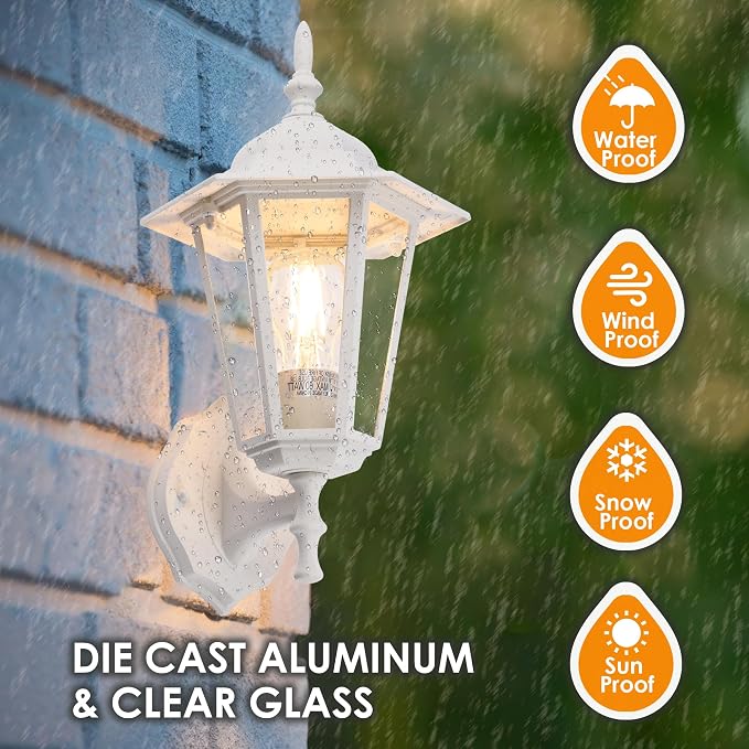 GRUENLICH Outdoor Wall Light Fixture, Rustproof Aluminum, Glass | Exterior Porch Light Wall Sconce Lantern for House, Patio, Garage, Waterproof, E26 Socket 60W Max, White, 1 Pack