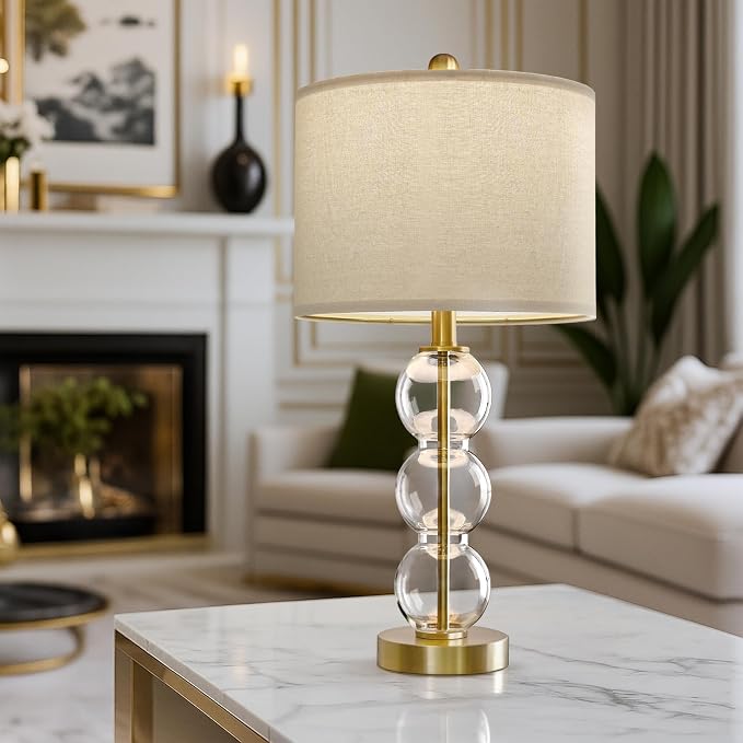 25" Glass Table Lamps Set of 2, Gold Modern Table Lamps with USB Ports for Living Room, Linen Shade Bedside Lamps for Bedroom, Nightstand, Side Table (Bulbs not Included)