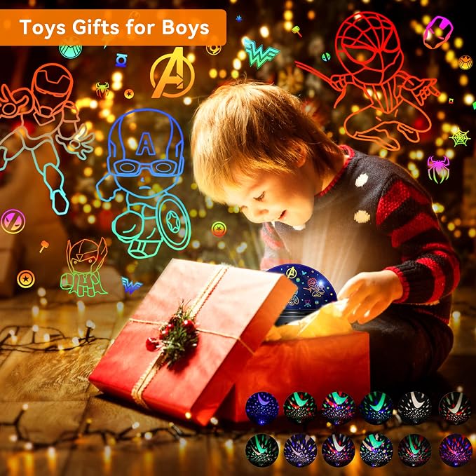 MOKOQI Kid Light Projector Superhero Toys for Boys 5-7 Avengers Night Light | Projector with Timer for Kids Room, 360 Degree Rotation Toddler Nightlights with Spiderman Figurine Star Lamps