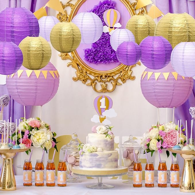 21 Pcs Purple Paper Lanterns Party Decorations, 4/6/8/10 Inch Round Chinese Hanging Paper Lanterns for Bachelorette Engagement, Wedding, Birthday, Graduation, Classroom Decorations