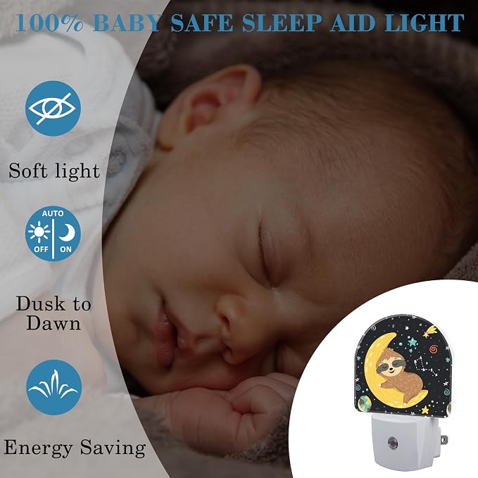 Cute Baby Sloth Sleeping on Moon Night Light for Kids, LED Night Light Plug into Wall with Dusk to Dawn Sensor for Girls Boys Women Room Decor, Hallway, Kitchen, Bathroom, Nursery, Stairs