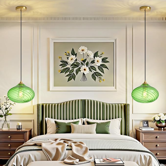 11in Gold Pendant Lights Kitchen Island with Green Glass Shade 1Pack | Handcrafted Glass Pendant Light Fixtures, UL Certified, E26 Base 100W Max, Height-Adjustable, Dimmable Hanging Pendant Light