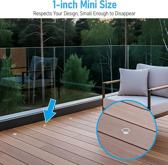 LEONLITE 12-Pack 3000K Recessed Low Voltage Deck Light, Flat Round Aperture | 1 Inch, 12-24V AC/DC, CRI90, Landscape LED Step Stair Light, IP67 Waterproof, Stainless Steel Housing, Warm White, Silver